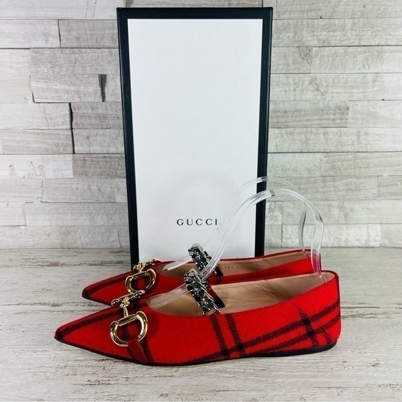 NWT GUCCI Archive Wool Check Pointed Toe Ballet Flats Shoes Red/Black SZ 35 - Picture 15 of 16